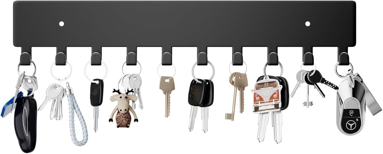 Key Holder for Wall, Key Hooks with 10 Hooks, Wall Mounted Key Holder for Hallway, Self Adhesive Key Rack(Black)